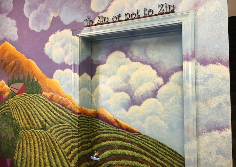 The walls in Carol Shelton's Santa Rosa tasting room are covered with murals 