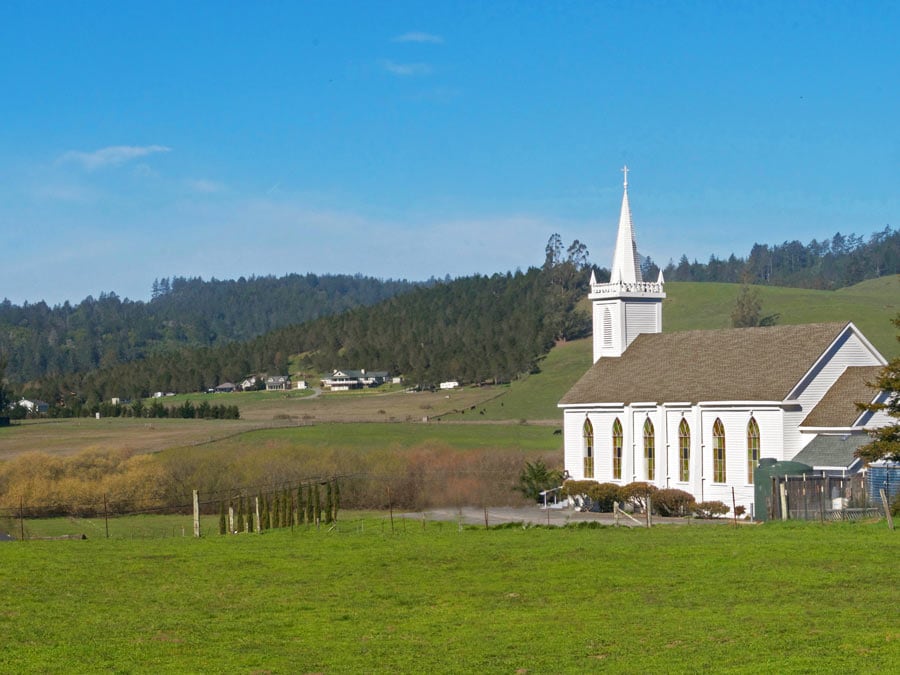 A view of the St. Teresa of Avila Church from the movie "The Birds," Sonoma County