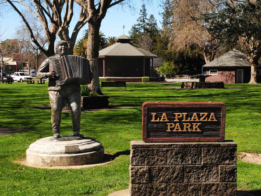 A statue sits in the middle of the park surrounded by green grass in Cotati