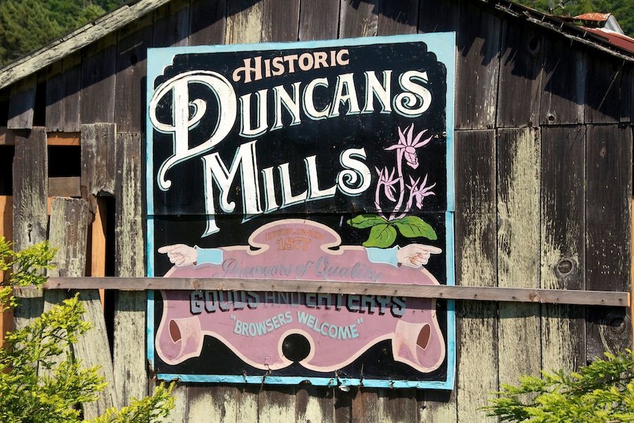 Antique sign for Duncans Mills in Sonoma County 