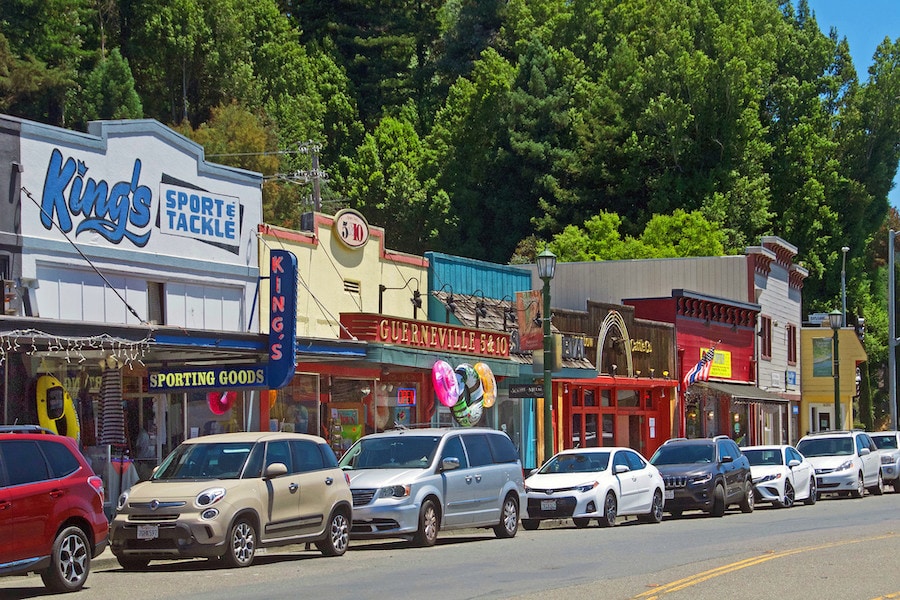 Colorful storefronts along Main Street in downtown Guerneville