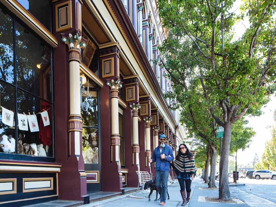 A couple walks their dog in front of Victorian buildings in downtown Petaluma