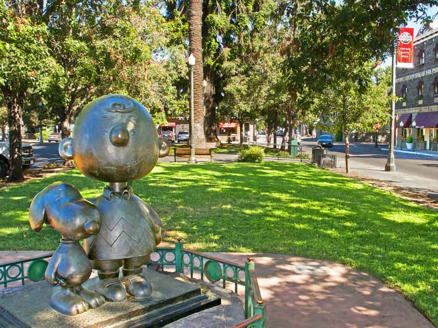 A bronze statue of Snoopy and Charlie Brown in Historic Railroad Square, Santa Rosa