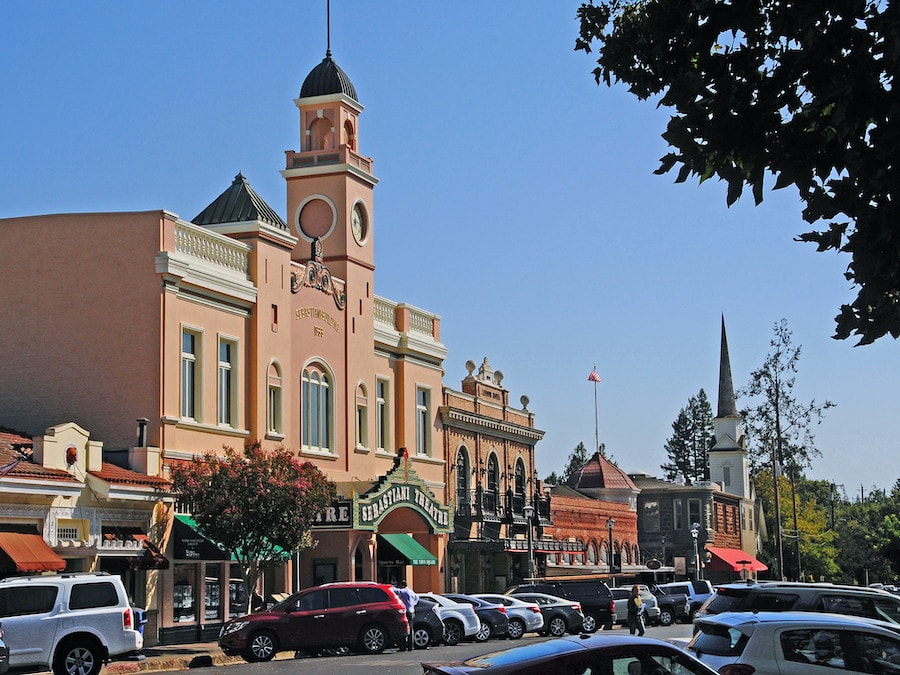 Businesses bordering Sonoma Plaza in downtown Sonoma, including the Sebastiani Theater