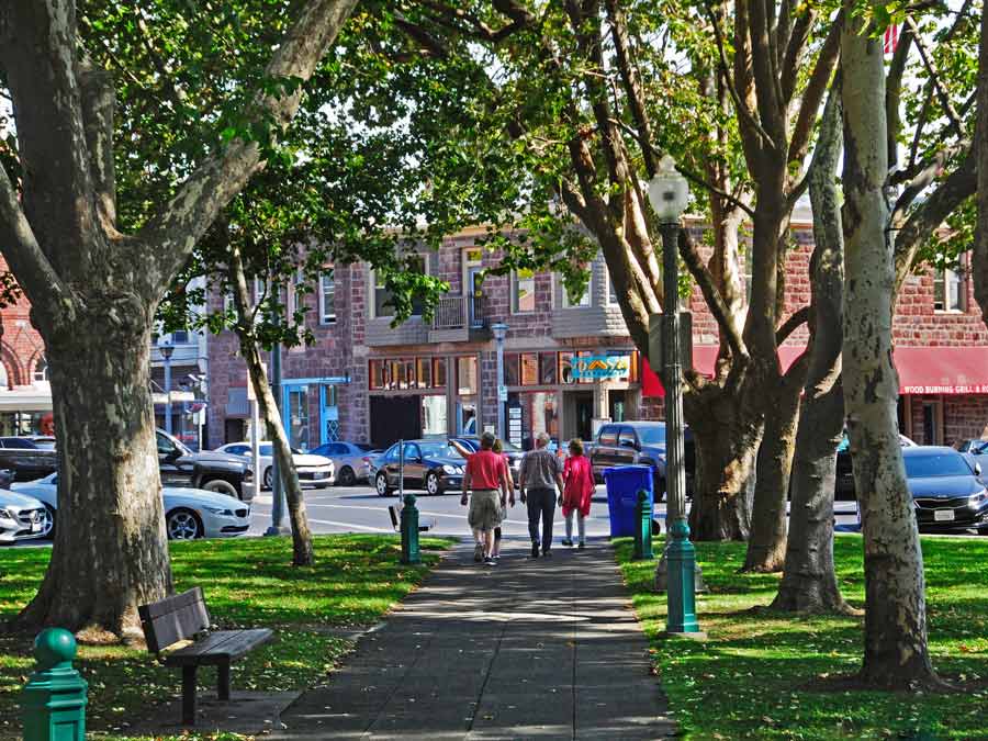 People walk in the shade-covered plaza in Sonoma