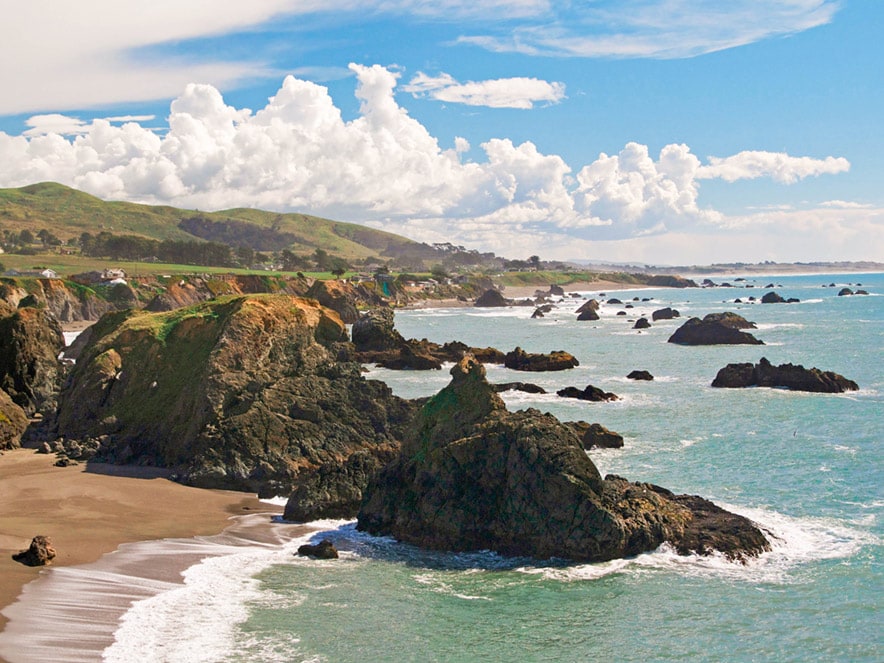 Bright blue skies over the cliffs of the Sonoma County coast