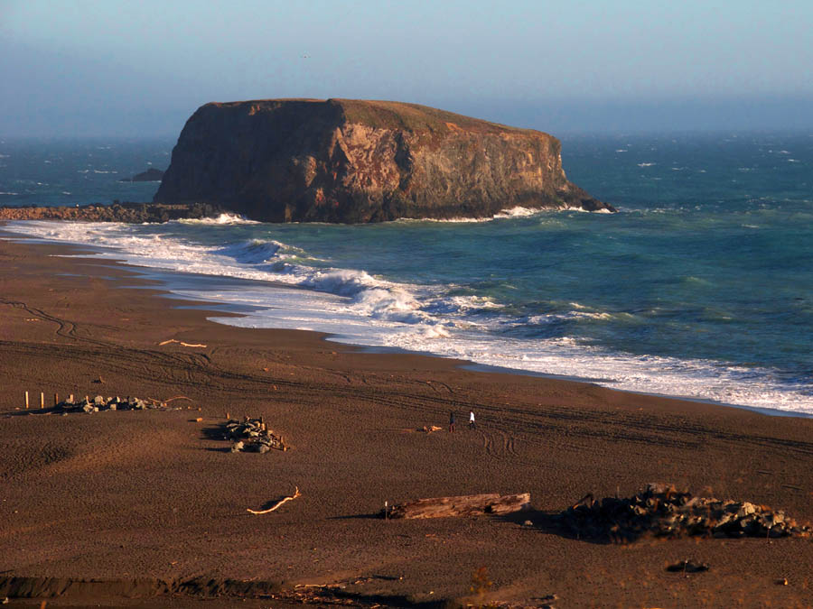 People stroll along the beach at sunset at Goat Rock Beach, Sonoma County