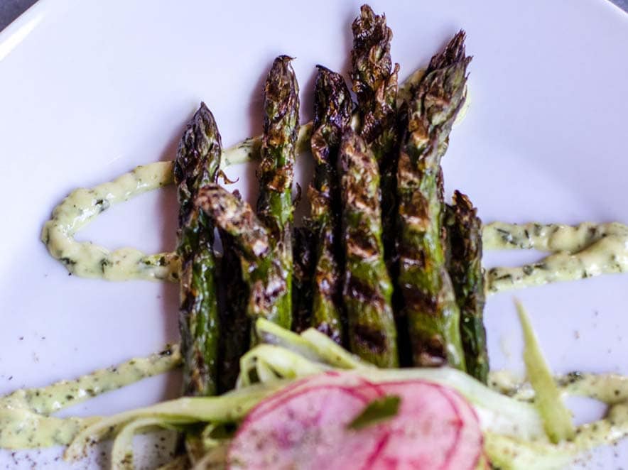 roasted asparagus with radishes and sauce