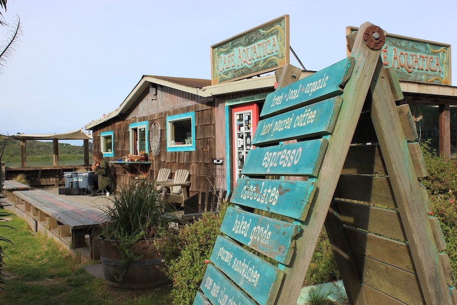 Cafe Aquatica, a wood-shingled house with a bayside deck in Jenner, California 