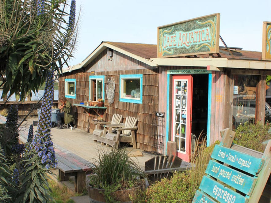 A sign sits out front of the restaurant which is surrounded by coastal plants in Sonoma County