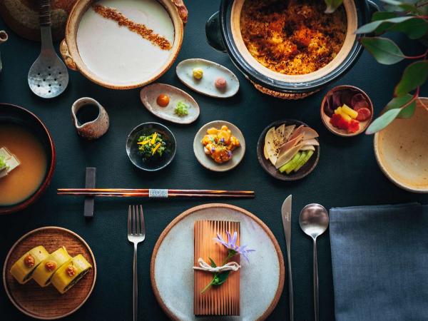 Multiple Japanese dishes as seen from above