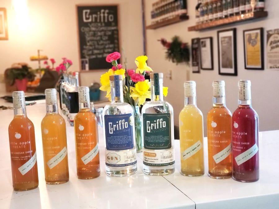 Colorful liqueurs and spirits made by Griffo Distillery in Petaluma, California