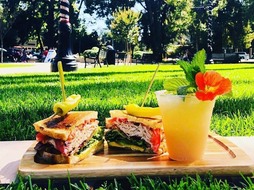 Picture of cocktail and sandwich on a board on grass in Healdsburg Plaza