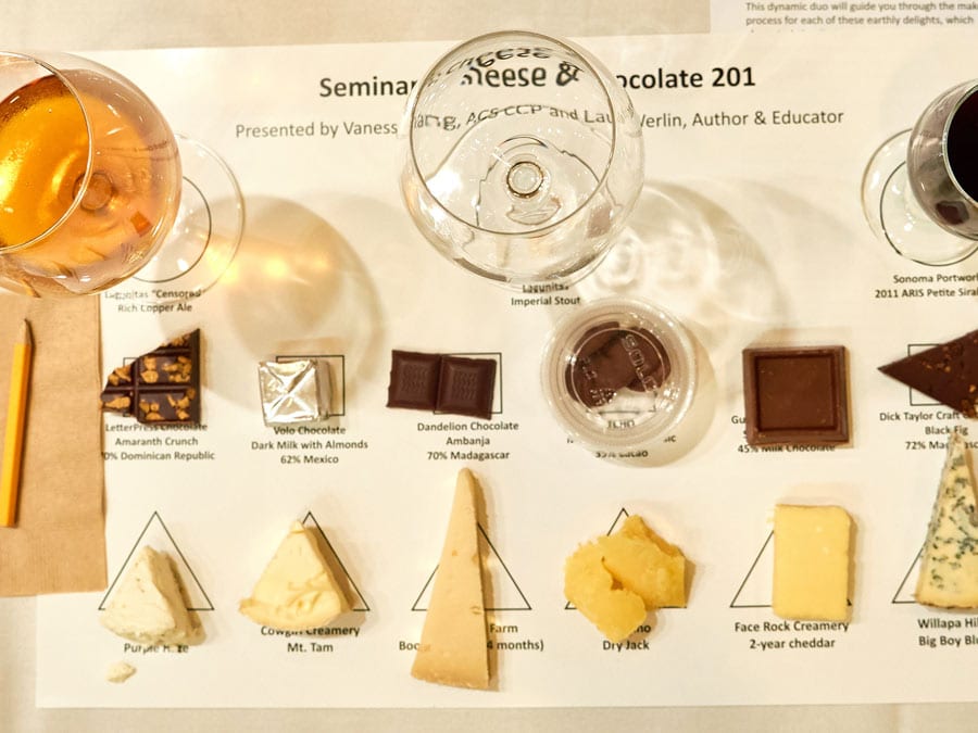 Cheese, chocolate, and wine placed on a table ready for the Artisan Cheese Festival, Sonoma County