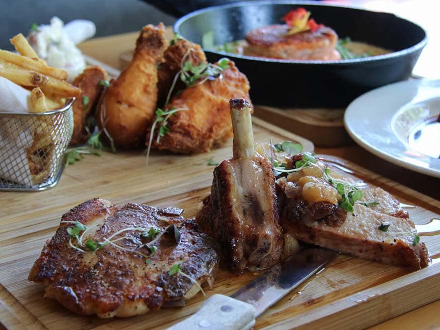 meat, french fries, and fried chicken