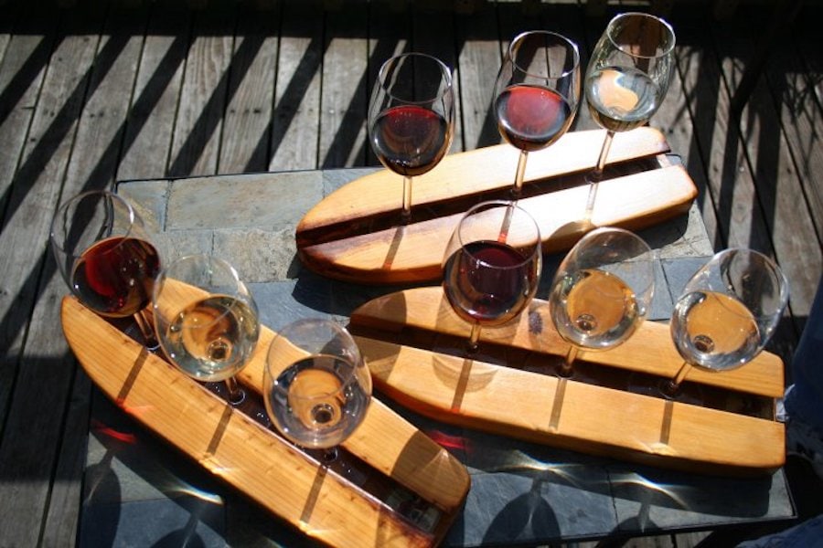 Wine flights served in miniature surfboards at Gourmet Au Bay in Bodega Bay 