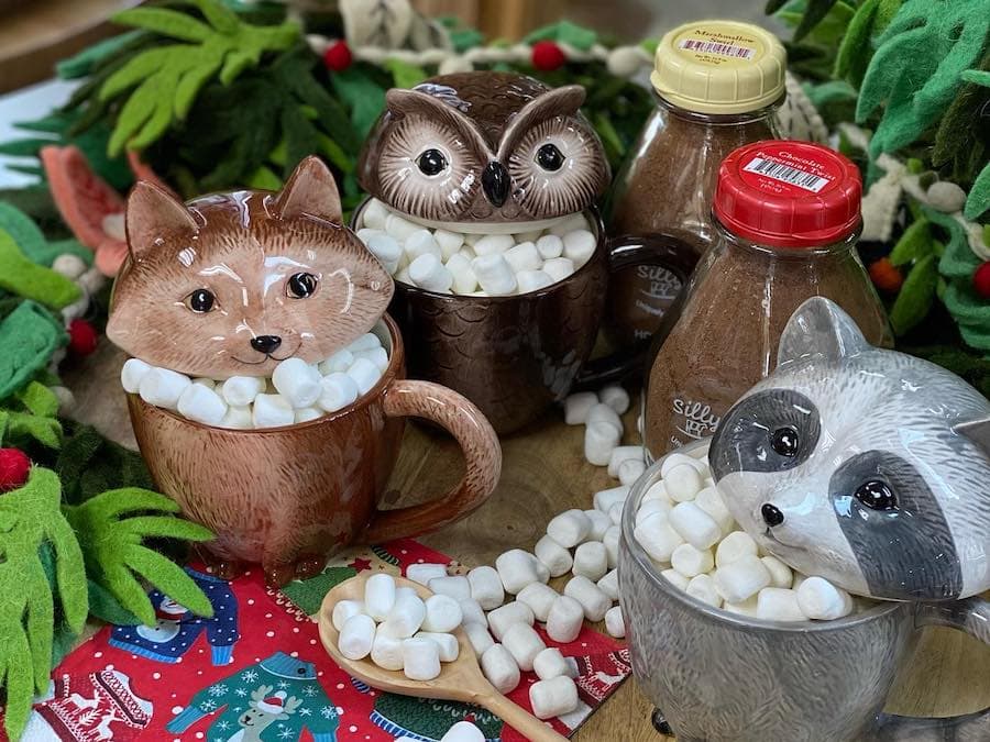 Animal mugs for hot cocoa at Hello Penngrove 