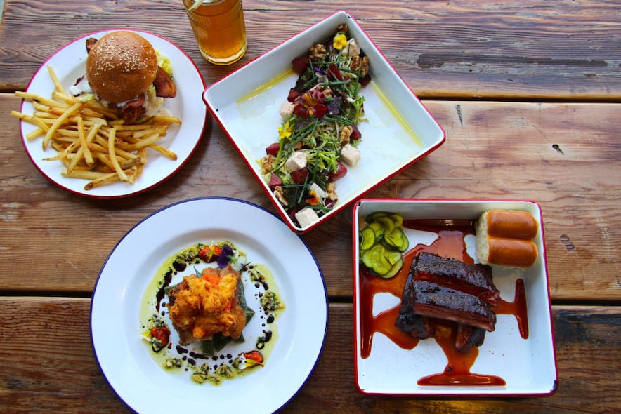 The Chicken Sandwich, Brisket and Ribs at Brewster’s Beer Garden in Petaluma—Photo by Heather Irwin