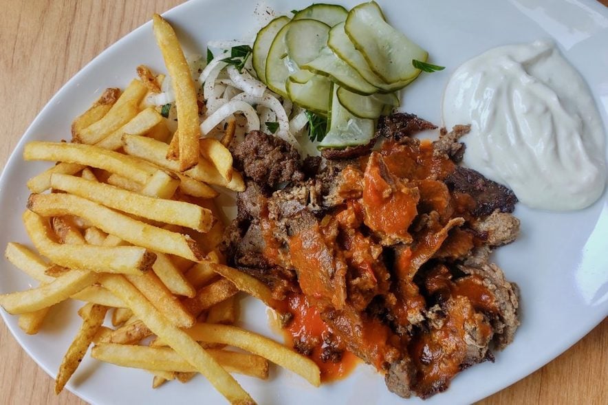 Kebab plate with garlic yogurt at Stockhome restaurant in Petaluma—Photo by Heather Irwin/Sonoma Magazine