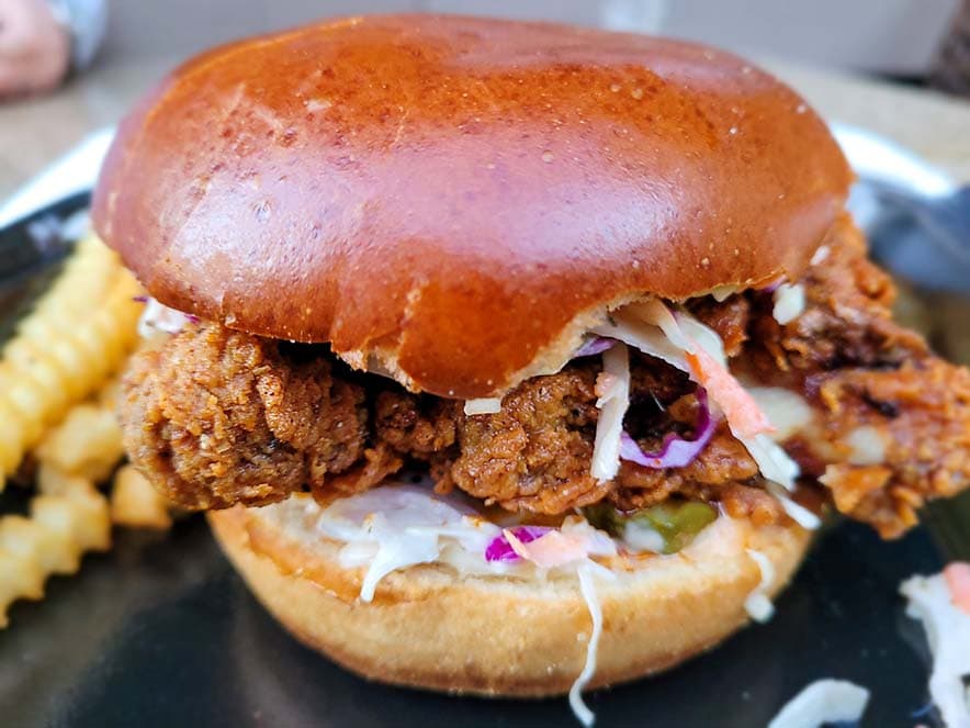 close up fried chicken sandwich