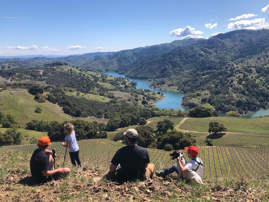 Mauritson and his three children overlooking Lake Sonoma from their family's Rockpile Vineyard