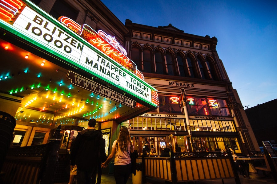 Mystic Theater and McNear's Saloon at night on Main Street in Petaluma 