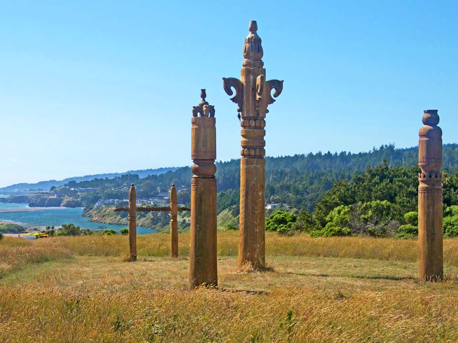 The ceremonial posts in the meadow at Gualala Point Regional Park were created by wood carvers from the Sakha Republic in far northeastern Russia. 