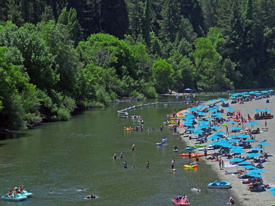 People floating and swimming in the Russian River at Johnson's Beach in Guerneville