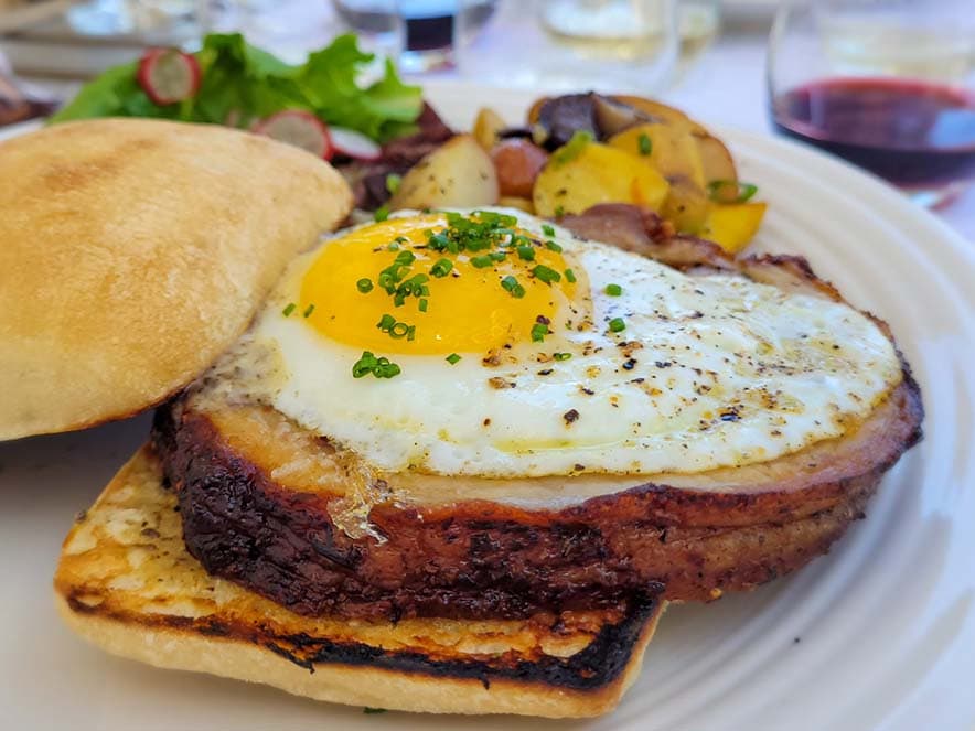 porchetta sandwich with fried egg and glass of wine