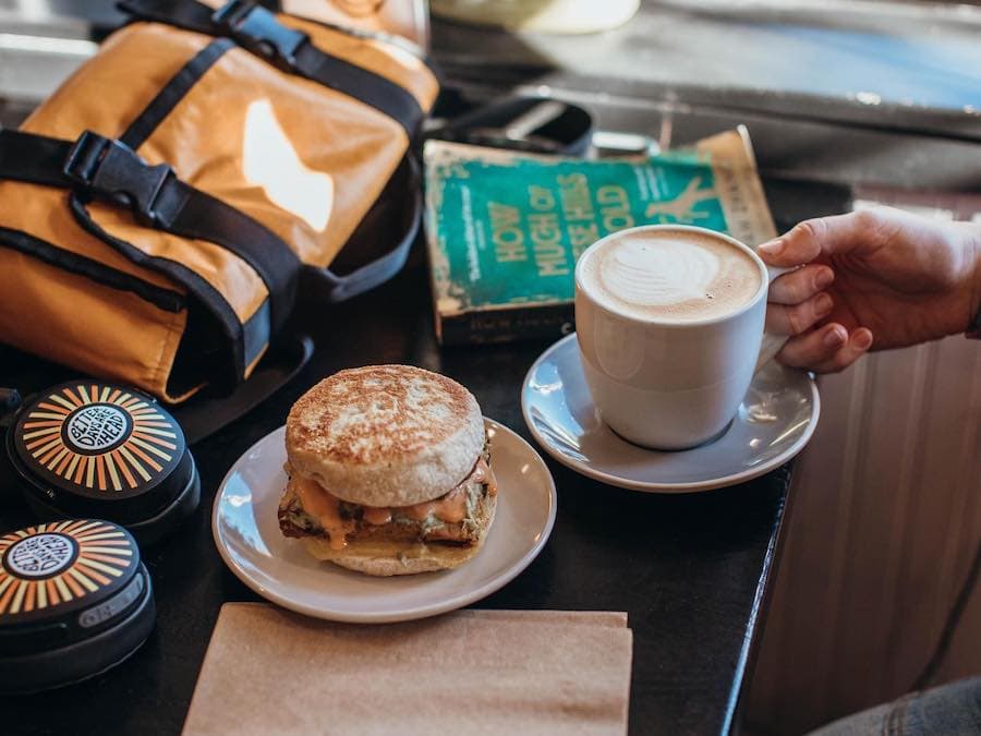 Breakfast sandwich and latte at Retrograde Coffee Roasters in Sebastopol