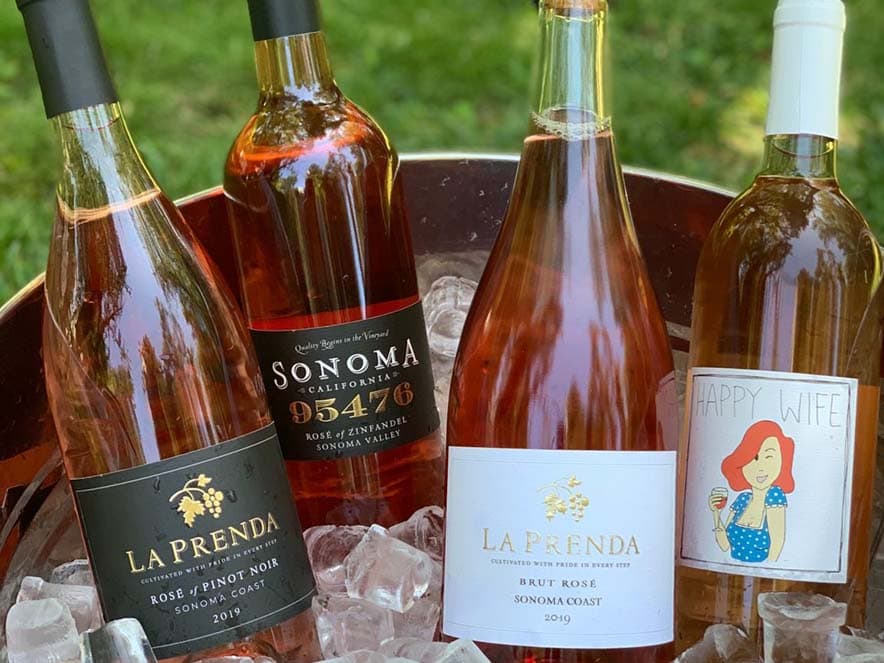 close up of rose wines with different labels