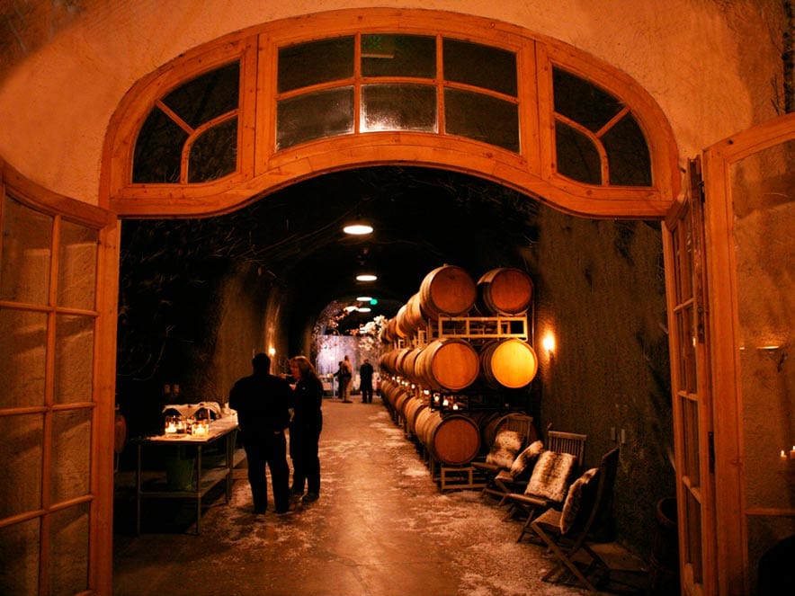 The interior of the wine cave has a cozy, orange glow at Bella Vineyards and Wine Caves, Healdsburg