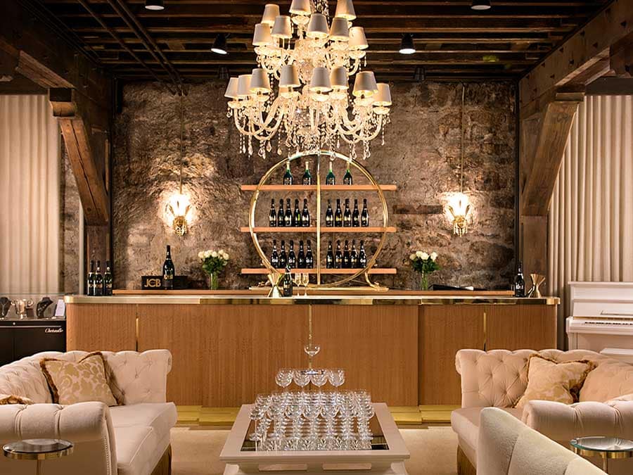 An elegant tasting room with chandeliers