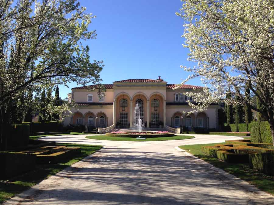 Trees bloom in Spring at the entrance to Ferrari-Carano Vineyards and Winery, Healdsburg