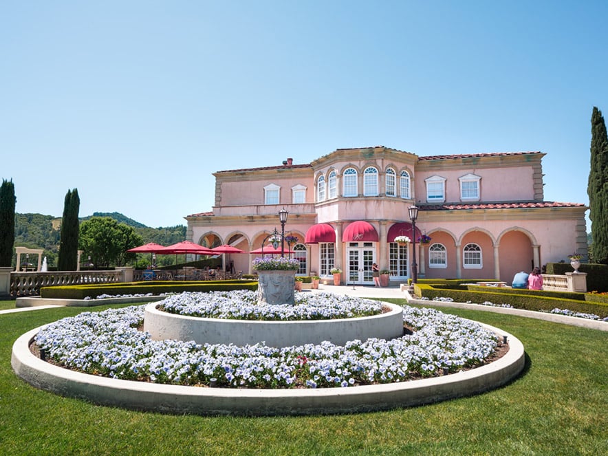 Purple flower field in front of the pink facade of Ferrari-Carano Winery in Sonoma County, California