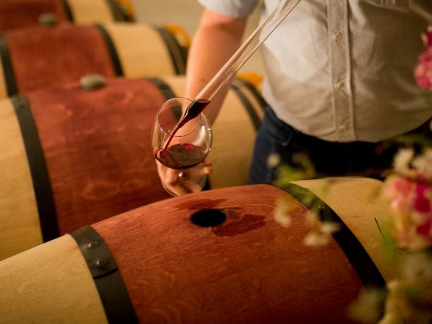 Pouring wine from wine barrel at a winery