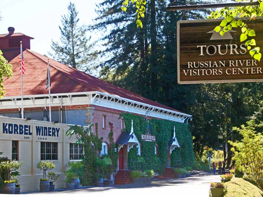 A sign welcomes visitors to the ivy-covered Korbel Champagne Cellars, Guerneville