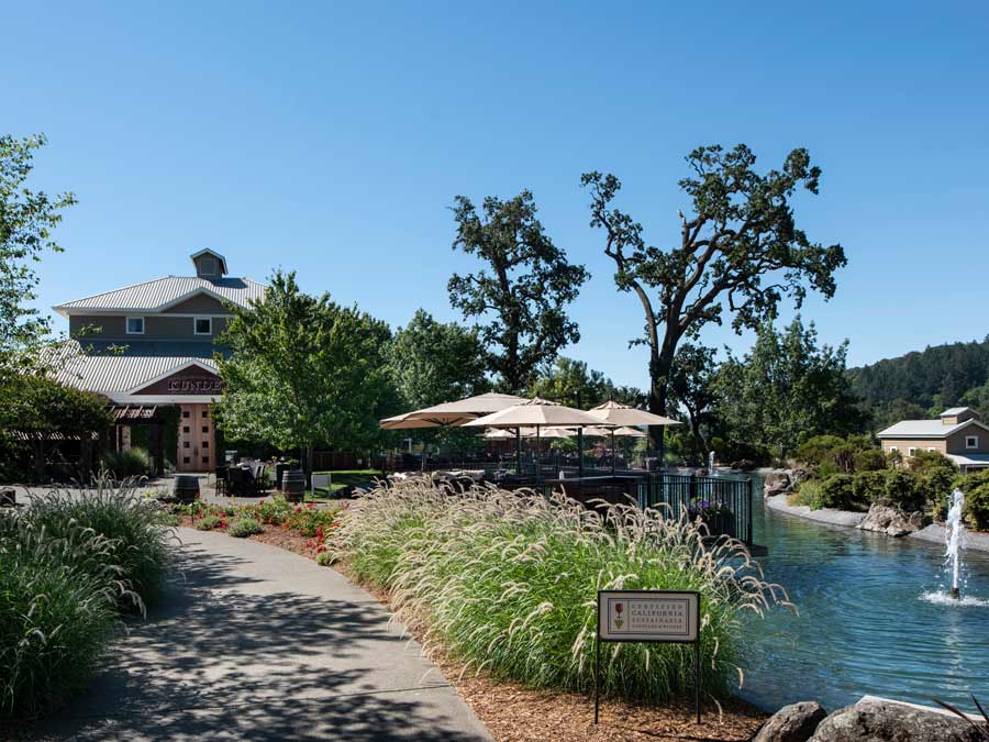 The entrance to the winery has a pond out front