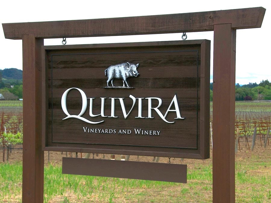 An image of a boar adorns the sign at the entrance to Quivira Vineyards & Winery, Healdsburg