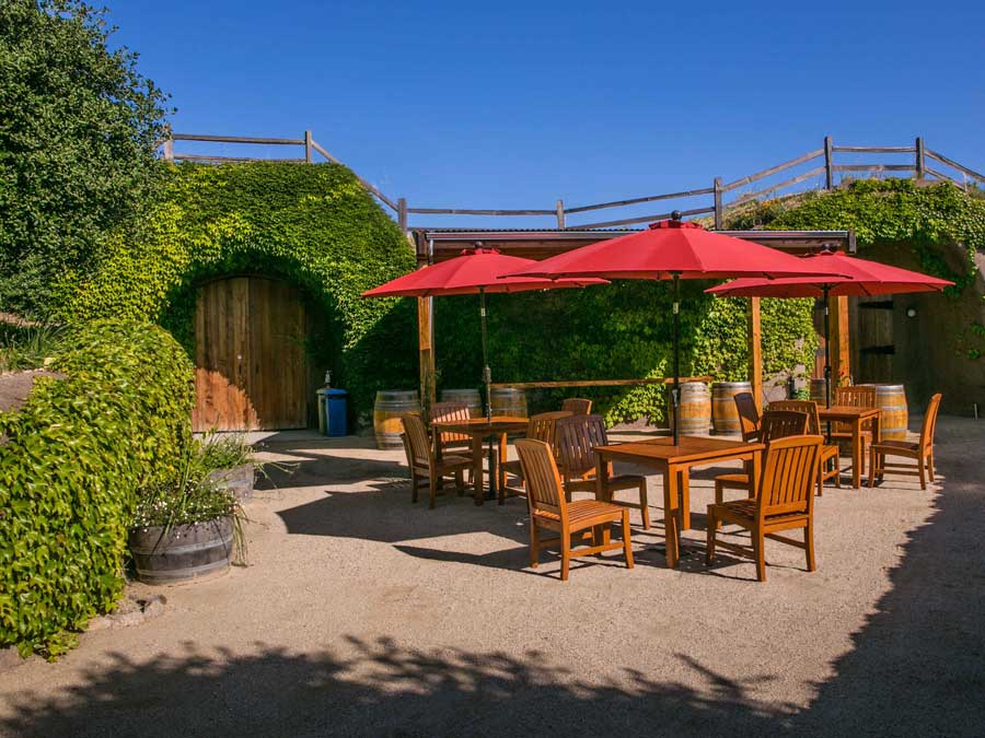 Tables with red umbrellas sit outside of the ivy-covered cellar door in Sonoma County