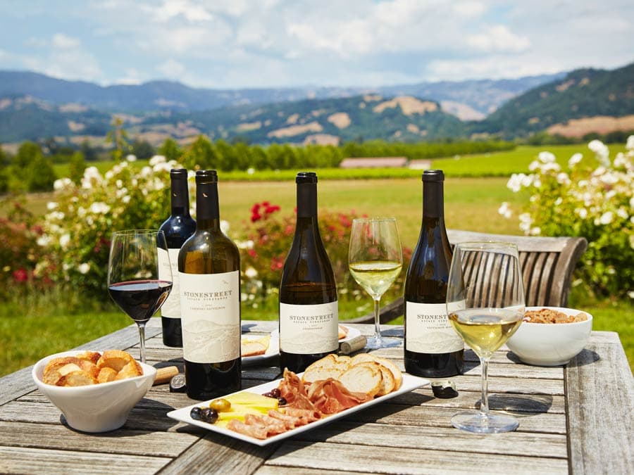 Glasses of wine and nibbles on a picnic table with mountains in the background