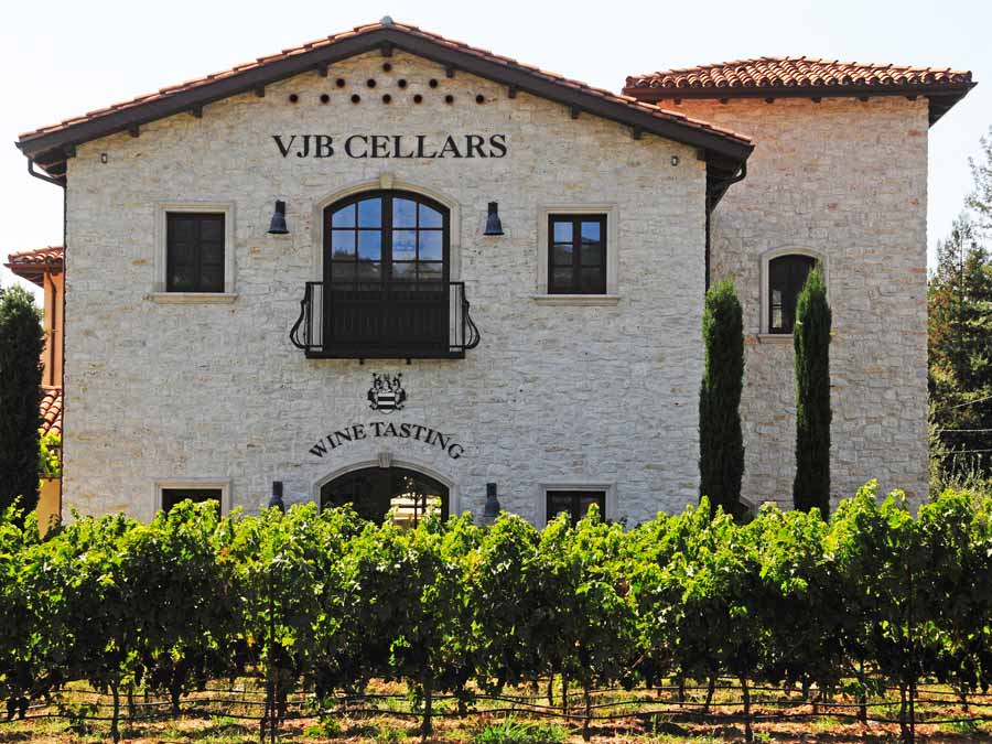 The exterior of VJB Vineyards, Cellars & Marketplace surrounded by vineyards, Kenwood