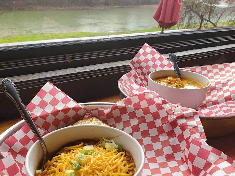 Chili with a view of the Russian River on a rainy day at The Farmhand in Guerneville