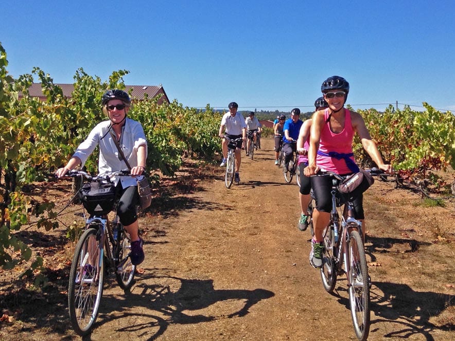 Cyclists ride in the vineyards with Ace It Bike Tours, Sonoma County