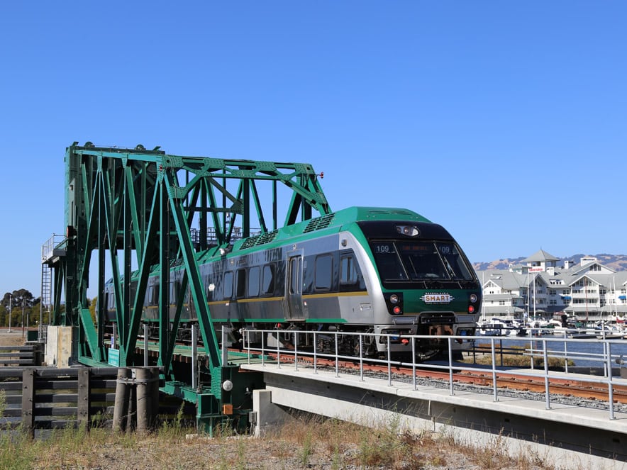 A train crosses a bridge in Petaluma