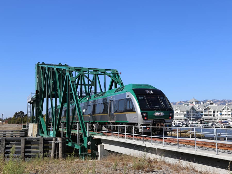 The SMART train crosses a bridge in Petaluma, Sonoma County