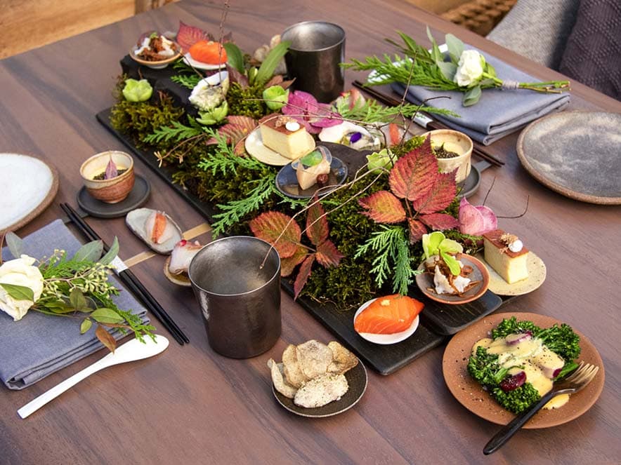 colorful spread of food on a set table