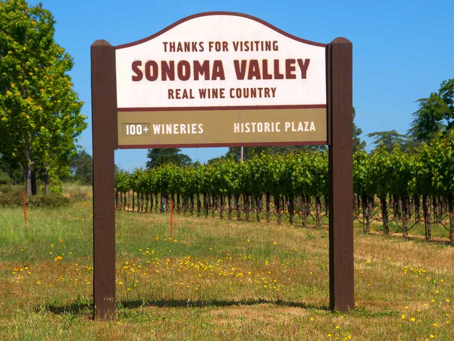 A sign next to the vineyards says Thank You for Visiting Sonoma Valley, Real Wine Country