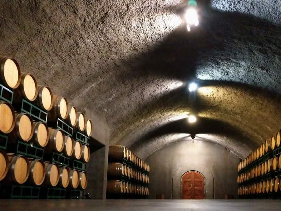 Barrels line the walls of this cave in Sonoma County