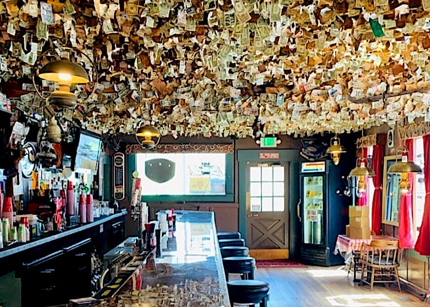 Dollar bills aplenty stuck to the ceiling of Washoe House in Petaluma